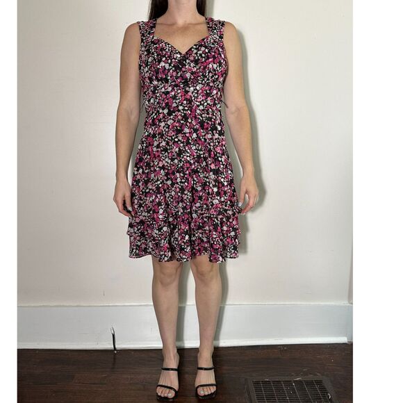 WHBM Black Cherry MultiFloral Open Back Satin Mini Dress Sz 4 - Picture 1 of 6